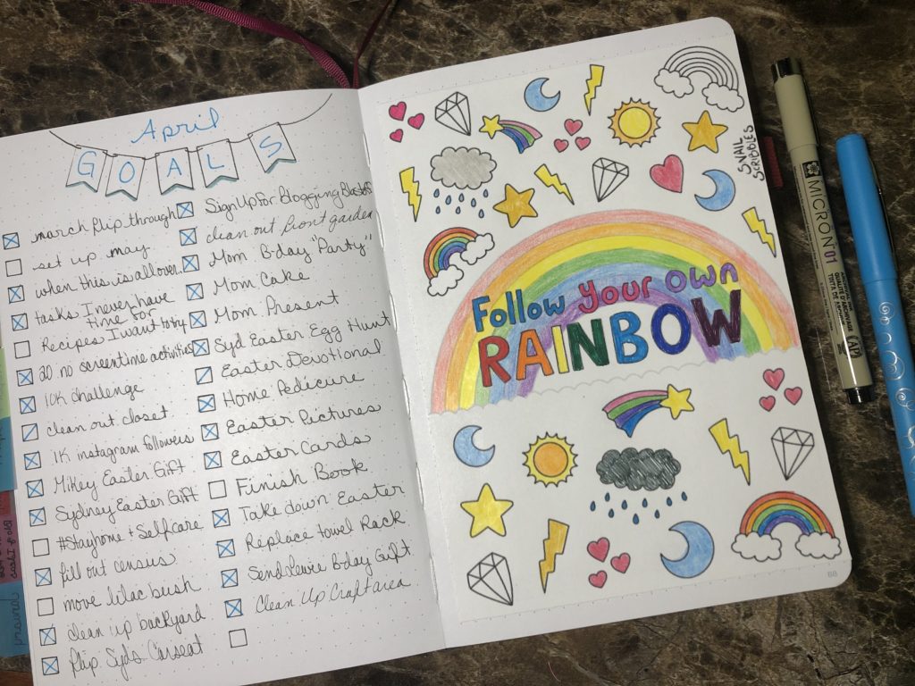 april 2020 bullet journal monthly goals and to do list april showers bring may flowers colorful rainbow coloring sheet