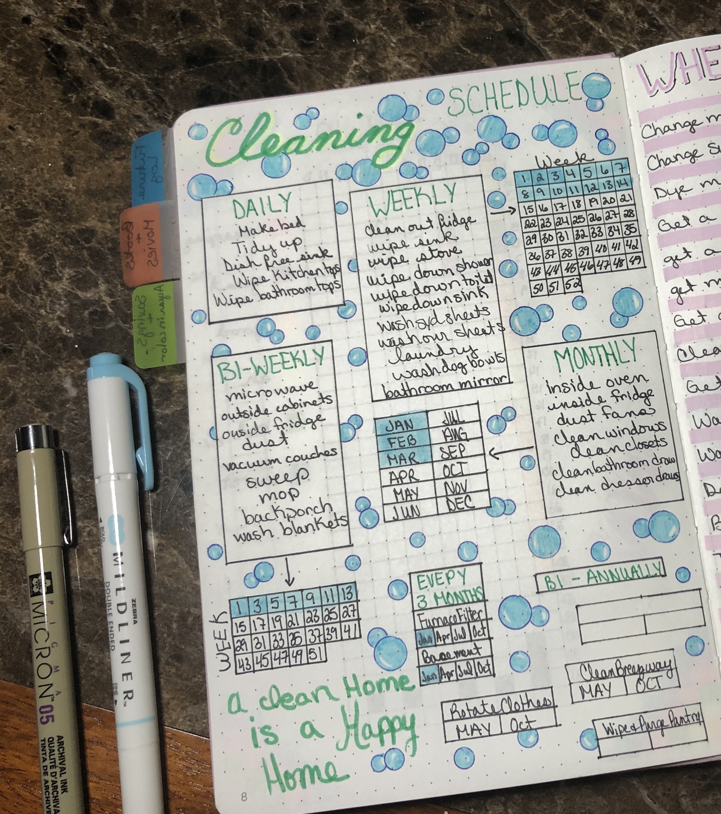 at a glance cleaning schedule with awesome bubbles super cute for bullet journal layout