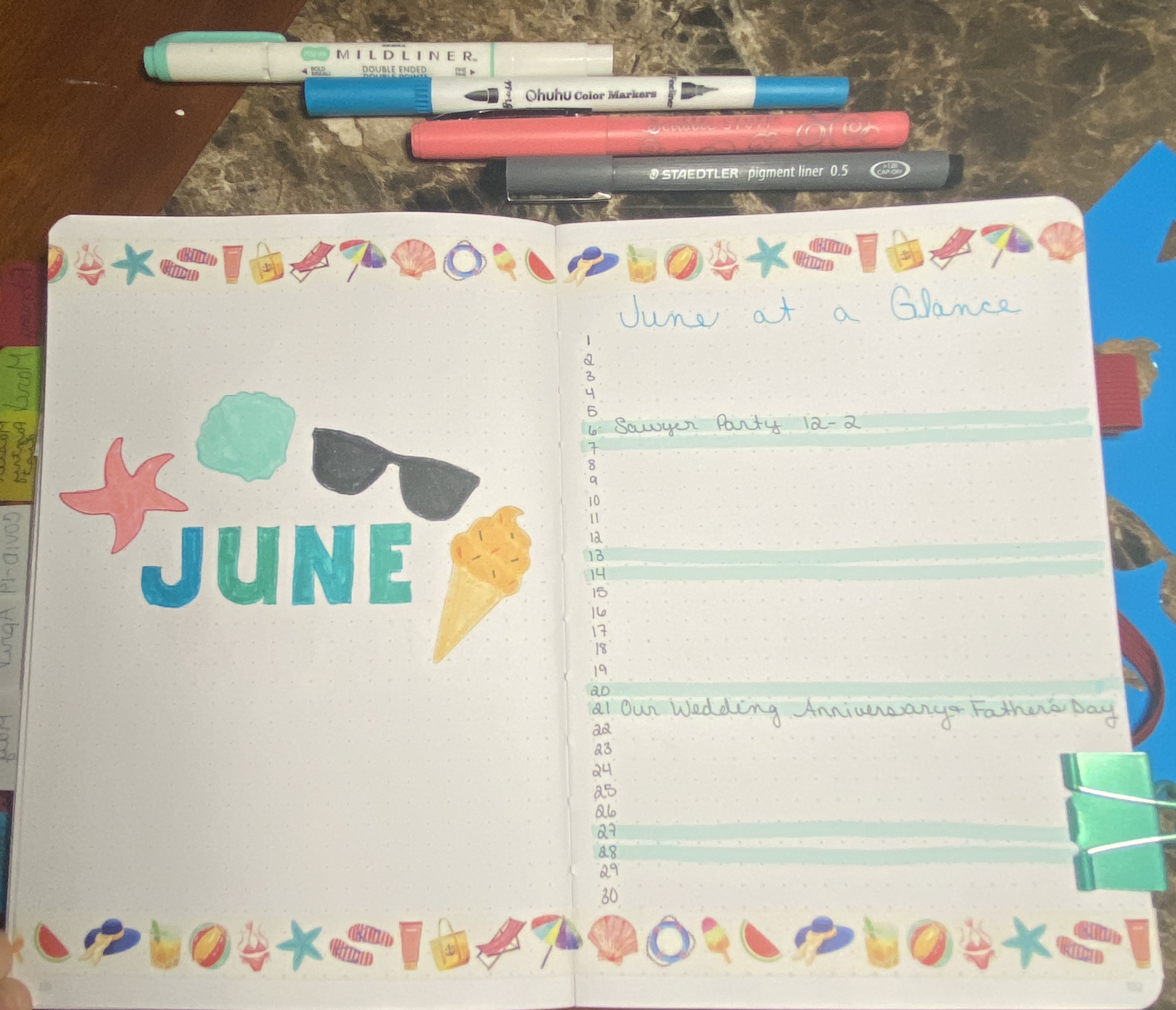 june 2020 bullet journal cover page summer beach theme
