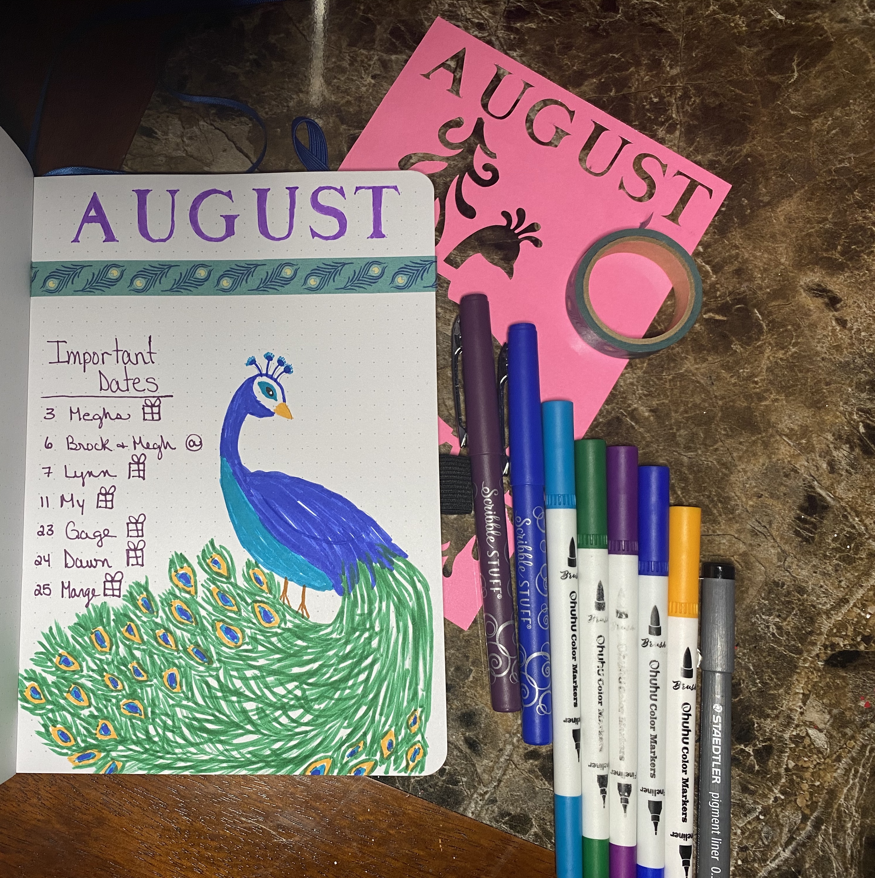 August 2020 Bullet JOurnal Cover page spread bullet journal idea peacock theme