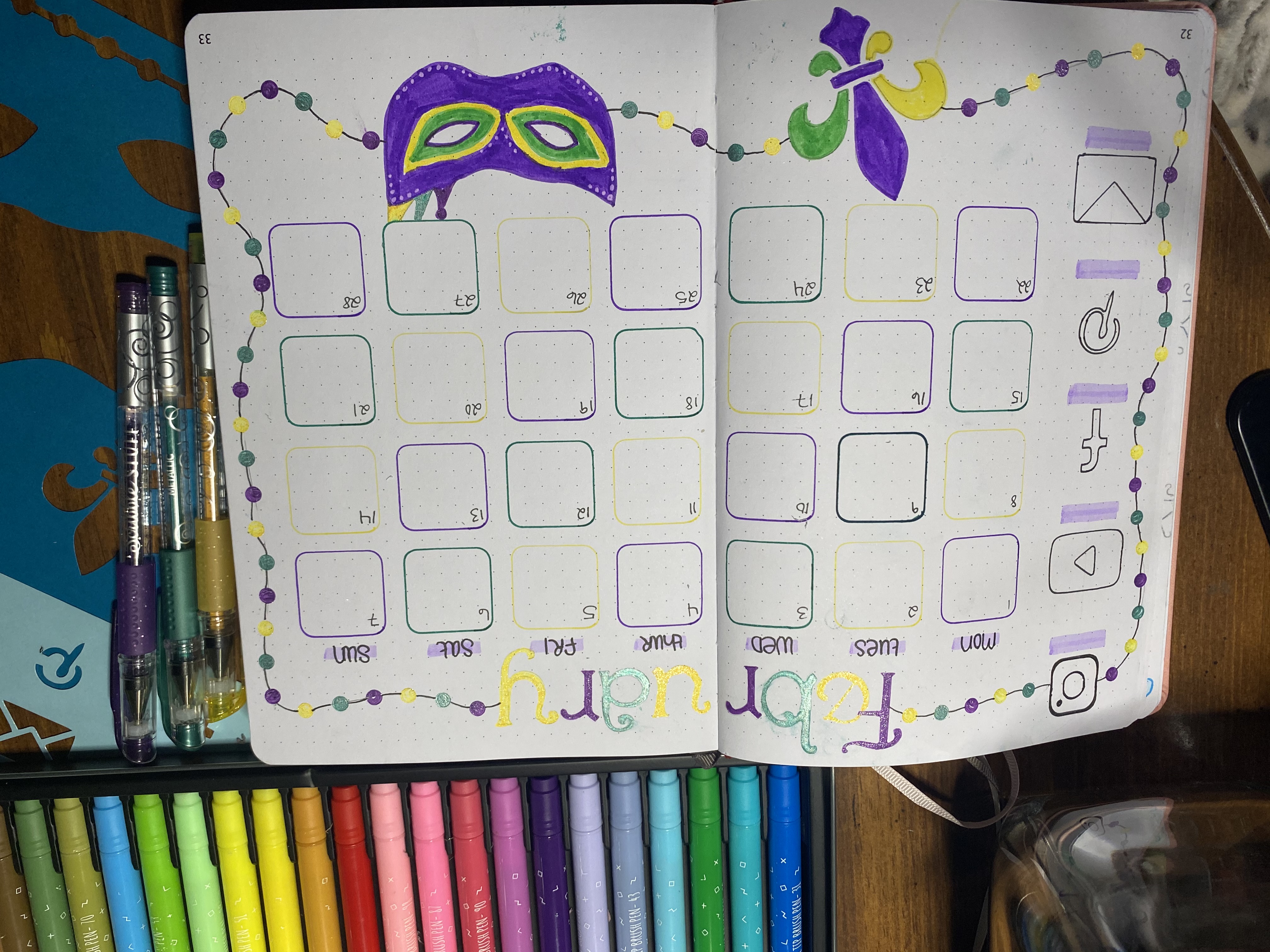 february bujo calendar mardi gras themed 