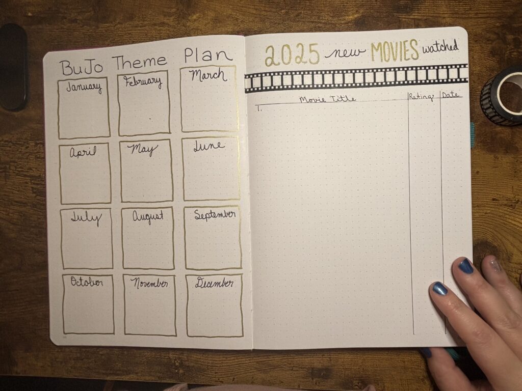 bullet journal theme planning and new movies watched spreads for 2025 bullet journal