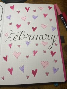 Fabruary Bullet Journal Cover with Pink Hearts