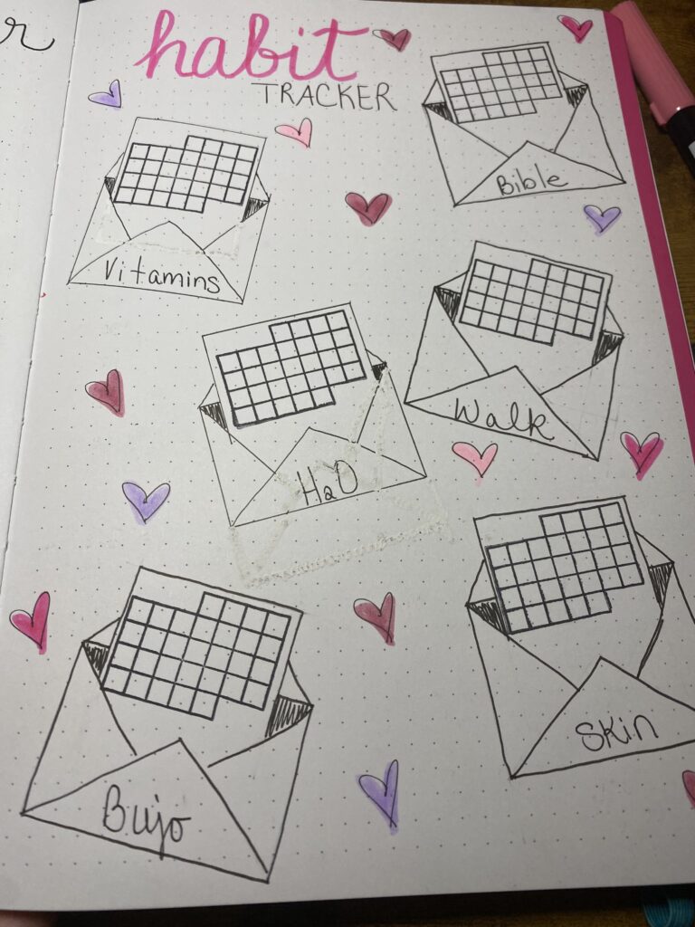 February Bullet Journal Inspiration habit tracker love letters
