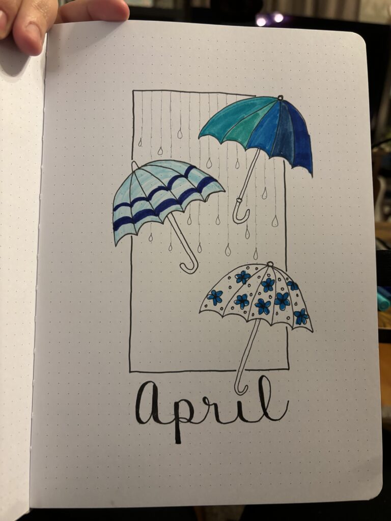 umbrella-themed journal cover page for April 