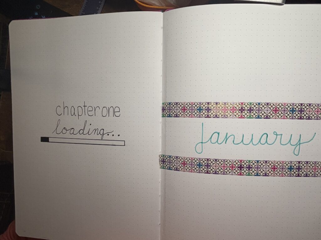 bullet journal cover page for january with fancy handwriting and pretty washi tape