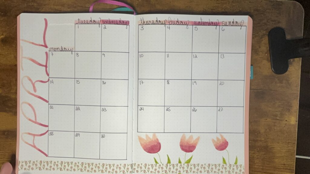 April Bullet Journal Calendar Spread With Ombre Tulips