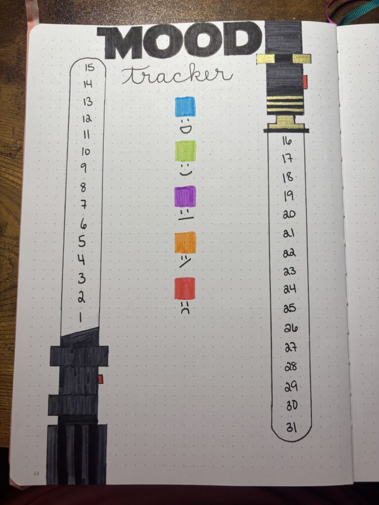 star wars bullet journal mood tracker featuring light sabers