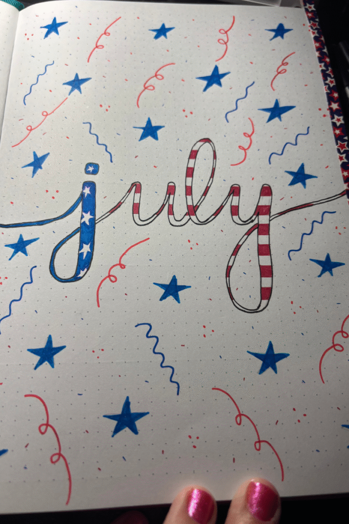 red, white, and bujo cover page july