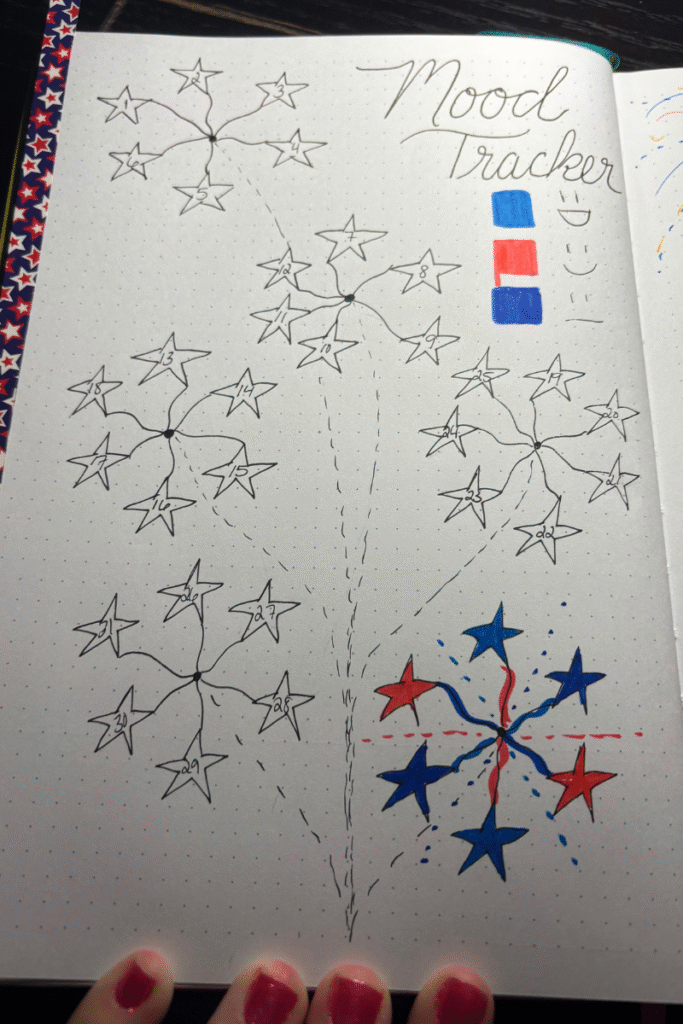 red, white and bujo july spreads mood tracker