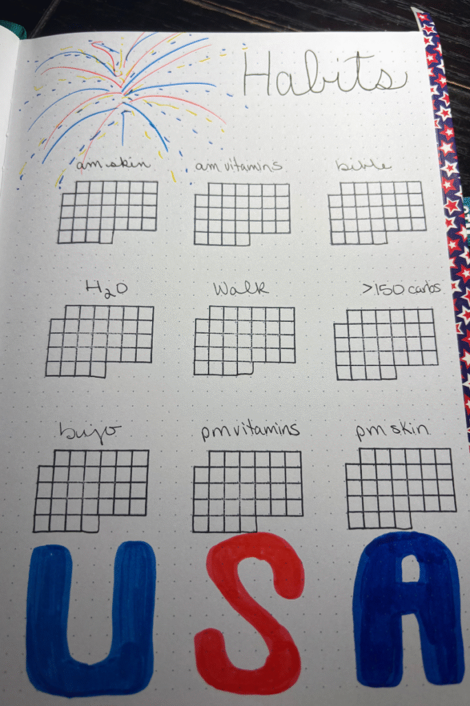 Red, white, and bujo july habit tracker spread