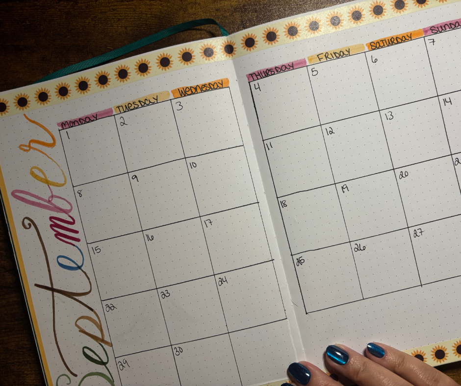 september bullet journal setup full calendar spread