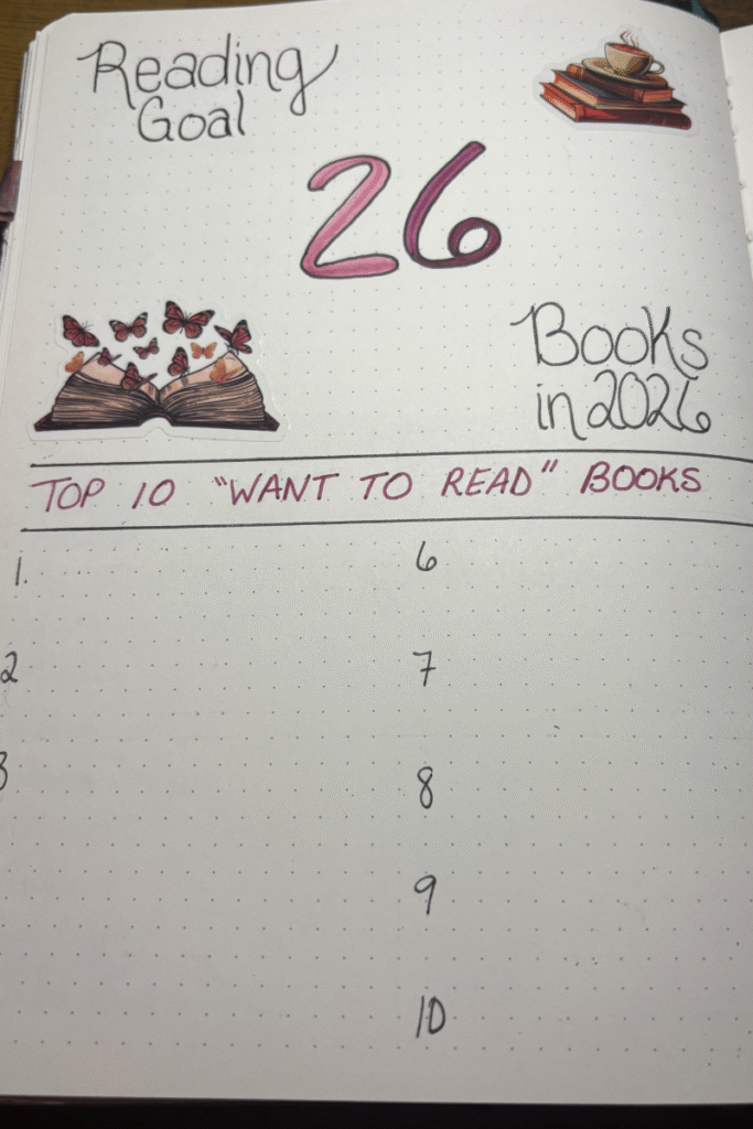 photo of my reading goals and my top 10 books i want to read in 2026